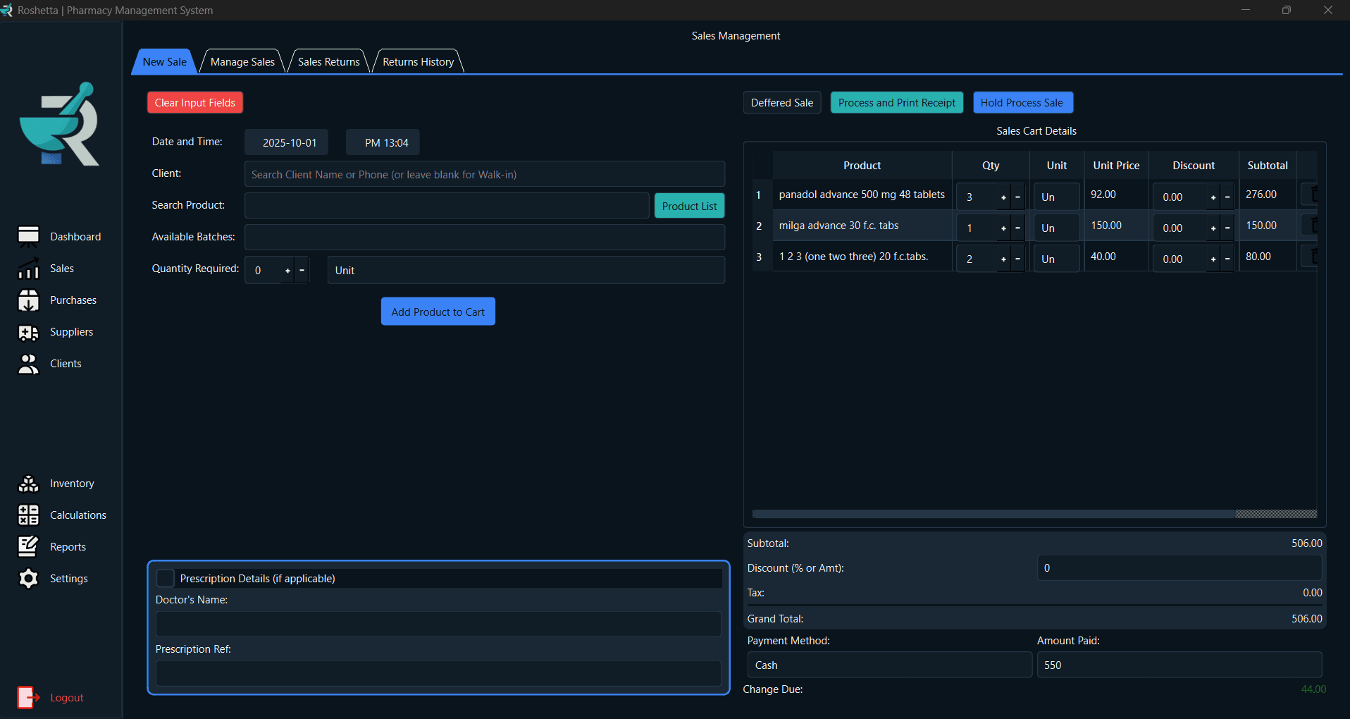Roshetta System Dashboard showing sales management interface in dark mode