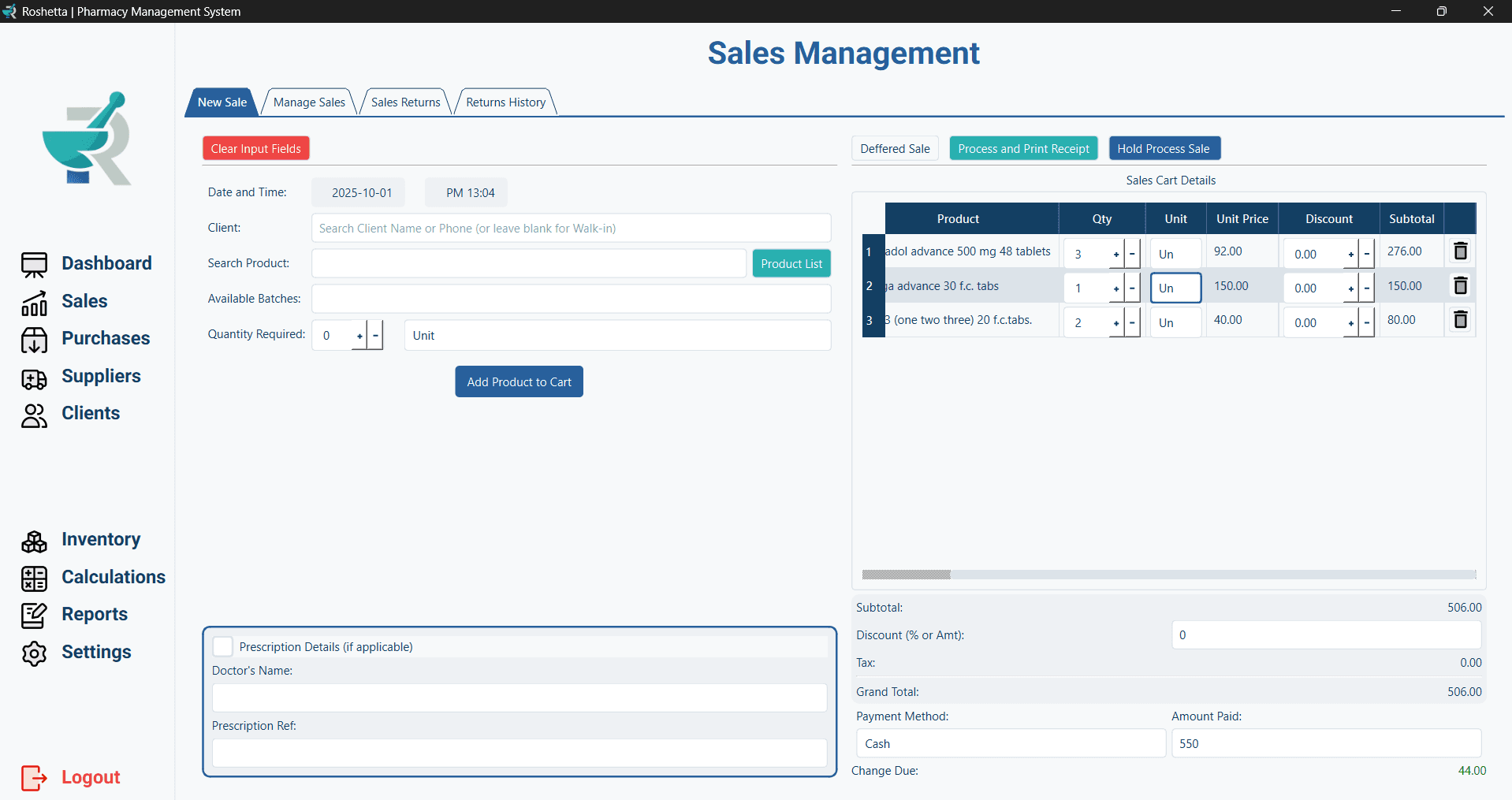 Roshetta System Dashboard showing sales management interface in light mode